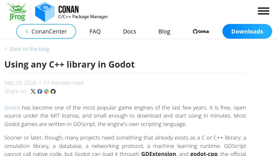 Screenshot of blog.conan.io: Using any C++ library in Godot