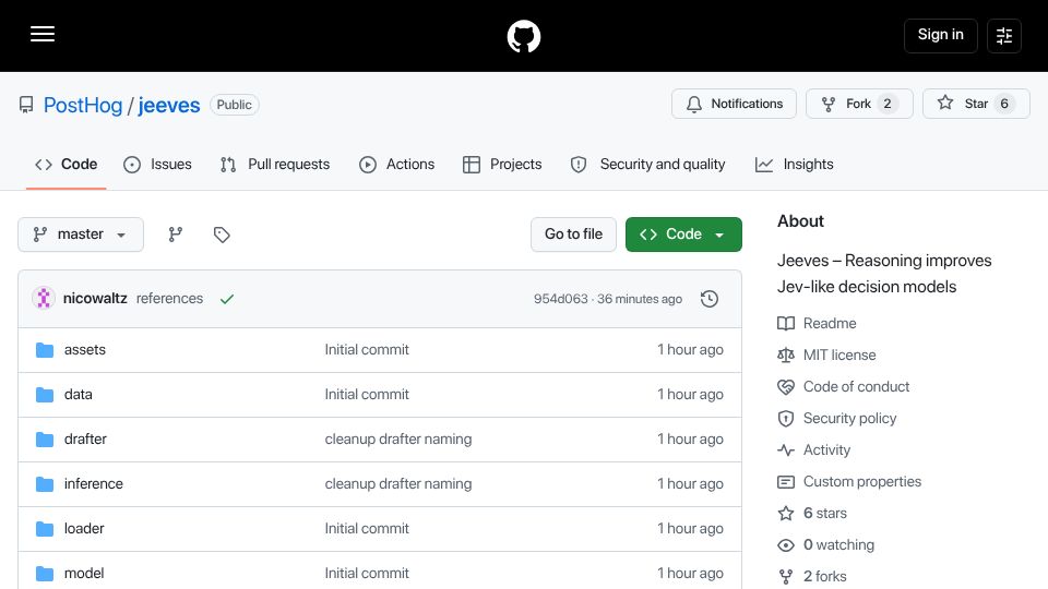 Screenshot of github.com: Jeeves. Reasoning improves Jev-like decision models