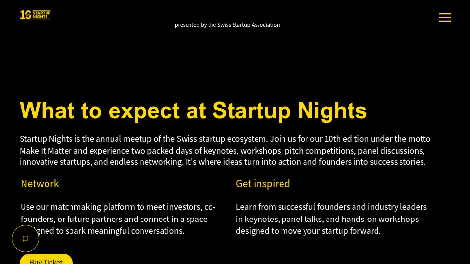Screenshot of startup-nights.ch: Startup Nights 2026 is comming up on 5-6 Nov. in Switzerland