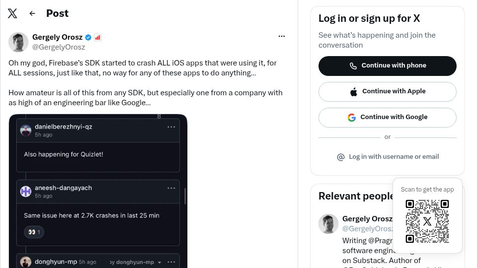 Screenshot of twitter.com: Firebase SDK is CRASHING ALLLL iOS Apps, since today morning