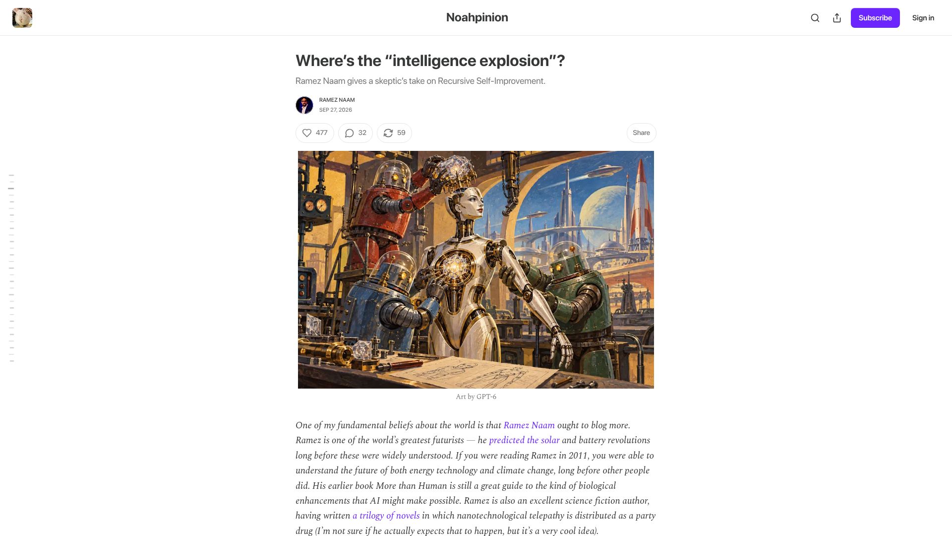 Screenshot of noahpinion.blog: Where's the "Intelligence Explosion"?