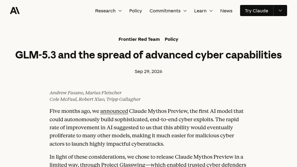 Screenshot of anthropic.com: GLM-5.3 and the spread of advanced cyber capabilities