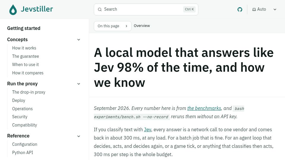 Screenshot of jevstiller.pages.dev: Show HN: Jevstiller – Distill Jev into a local model, with a disagreement bound