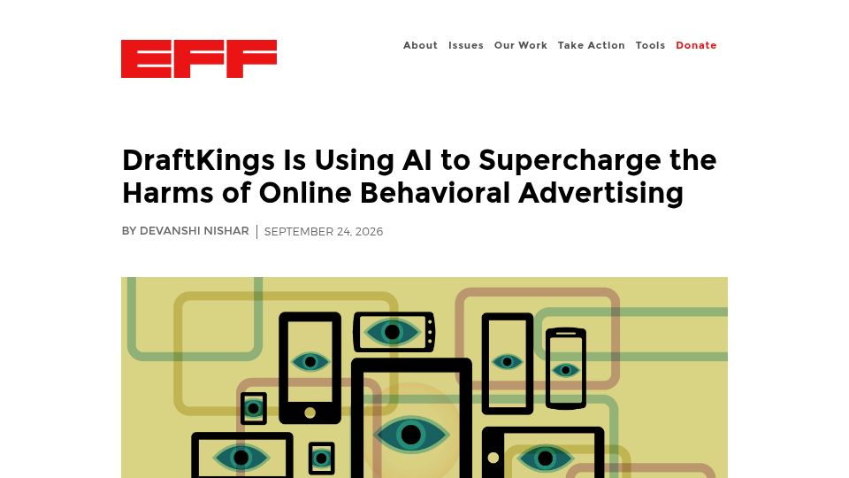 Screenshot of eff.org: DraftKings Is Using AI to Behaviorally Target Chronic Gamblers