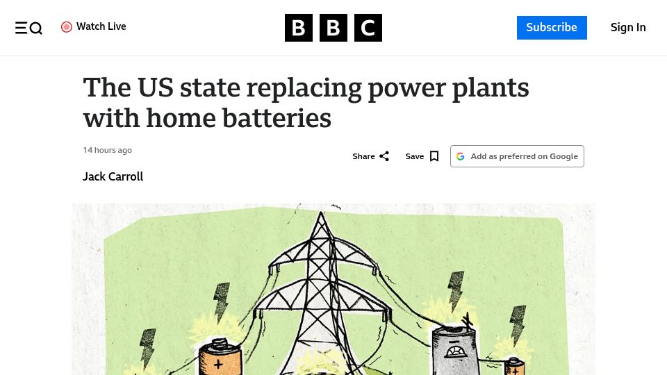 Screenshot of bbc.com: Vermont replacing power plants with home batteries