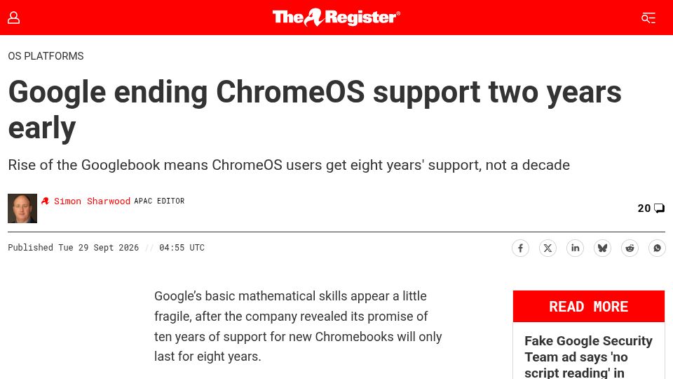 Screenshot of theregister.com: Google ending ChromeOS support two years early