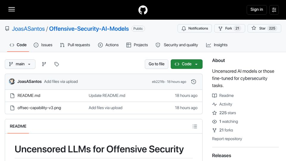 Screenshot of github.com: Uncensored and Offensive Security AI Models Benchmark
