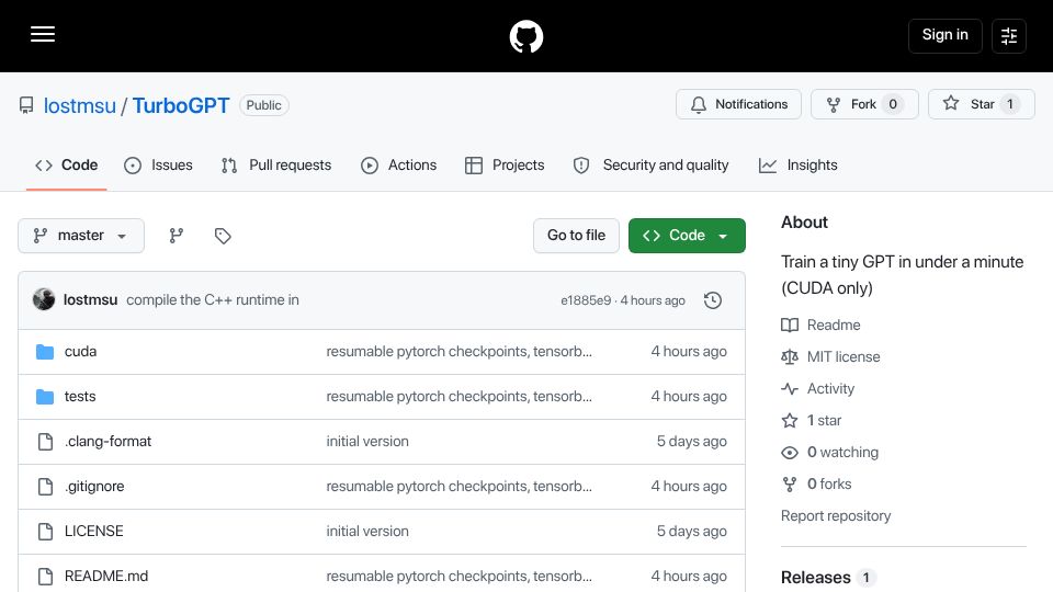 Screenshot of github.com: Show HN: TurboGPT: train 22KiB transformer in 13s