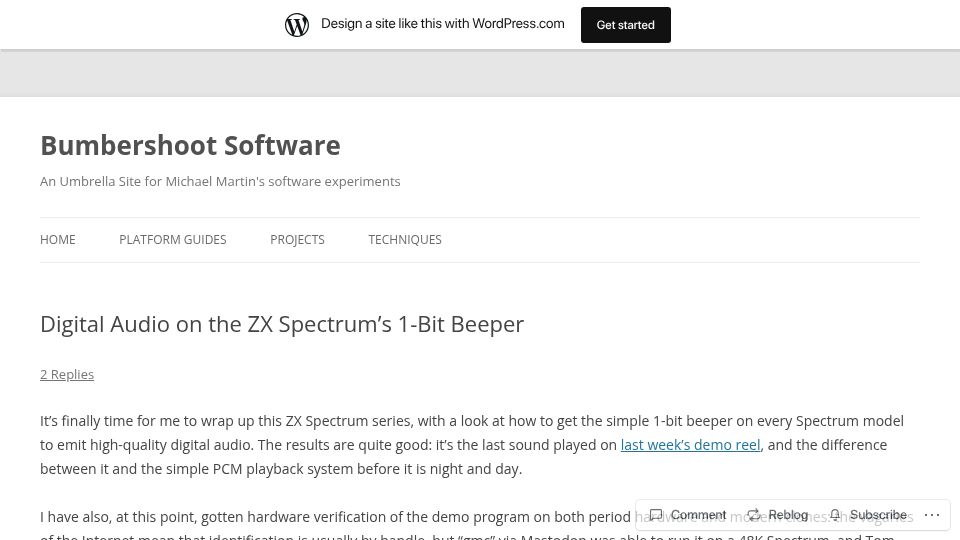 Screenshot of bumbershootsoft.wordpress.com: Digital Audio on the ZX Spectrum's 1-Bit Beeper
