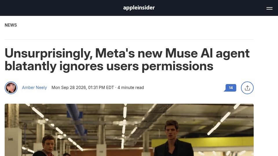 Screenshot of appleinsider.com: Unsurprisingly, Meta's new Muse AI agent blatantly ignores users permissions