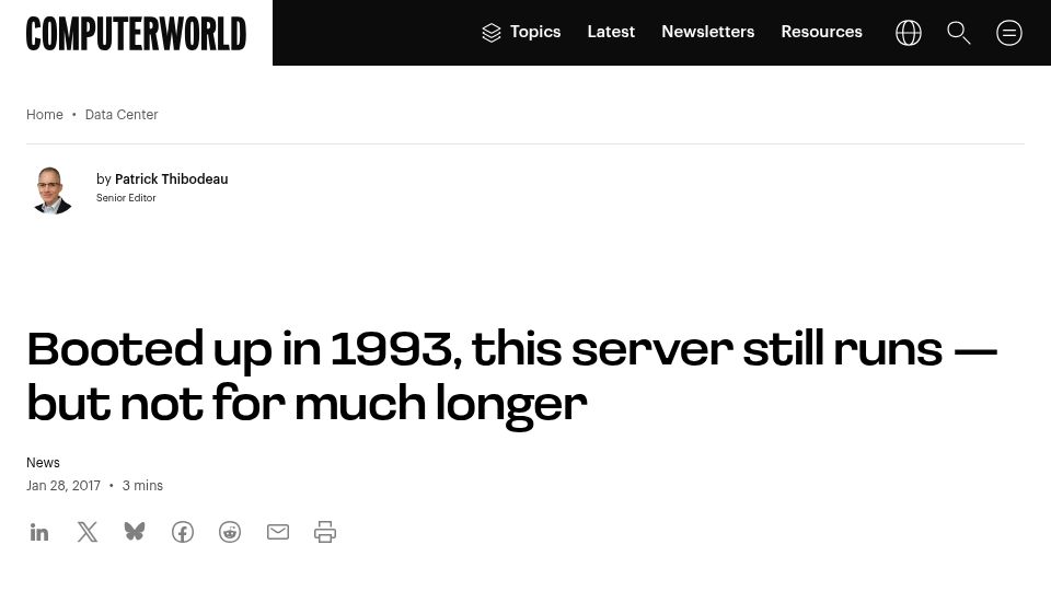 Screenshot of computerworld.com: Booted up in 1993, this server still runs – but not for much longer (2017)