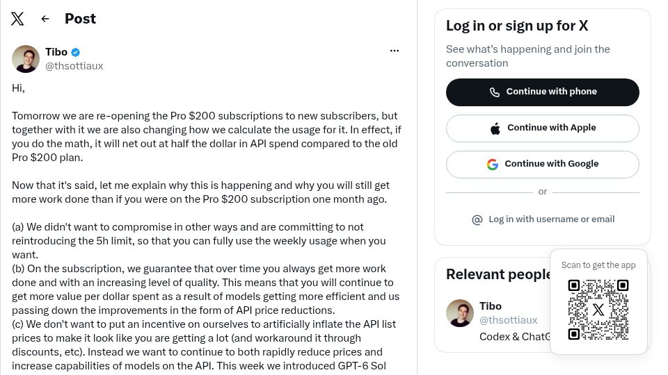 Screenshot of twitter.com: OpenAI: Tomorrow we are re-opening the Pro $200 subscription