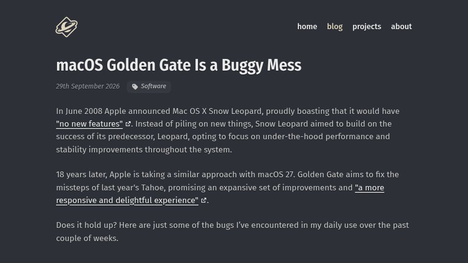 Screenshot of squareorbits.com: macOS Golden Gate Is a Buggy Mess