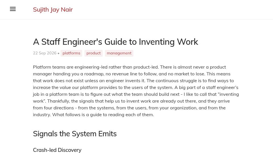 Screenshot of sujithjay.com: A Staff Engineer's Guide to Inventing Work