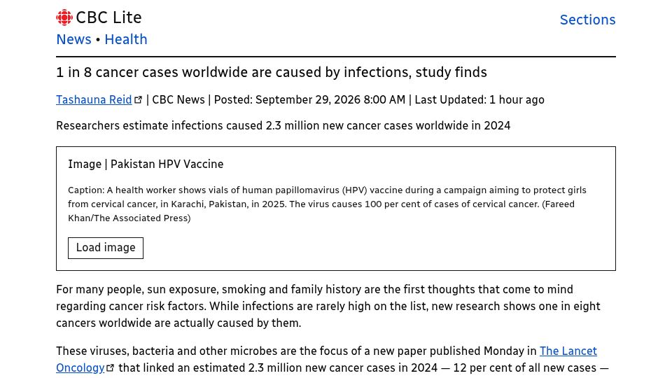 Screenshot of cbc.ca: 1 in 8 cancer cases worldwide are caused by infections, study finds