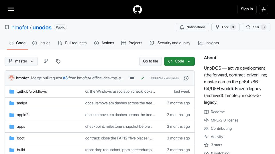 Screenshot of github.com: UnoDOS