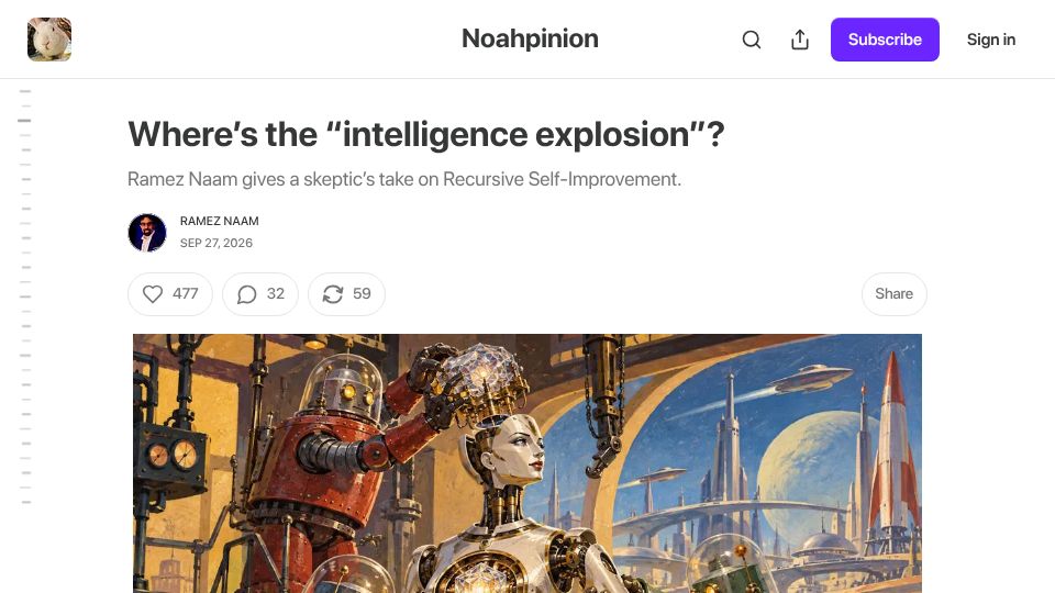 Screenshot of noahpinion.blog: Where's the "Intelligence Explosion"?