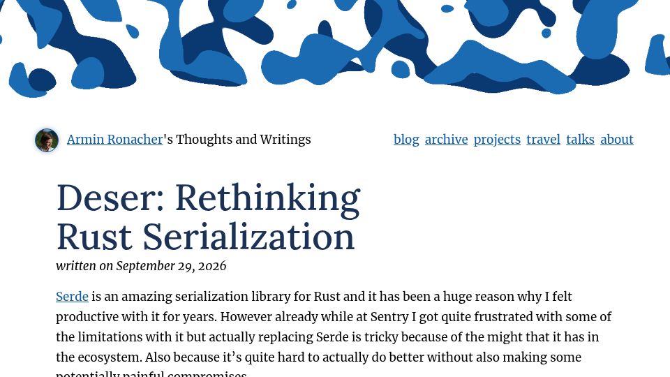 Screenshot of lucumr.pocoo.org: Deser: Rethinking Rust Serialization