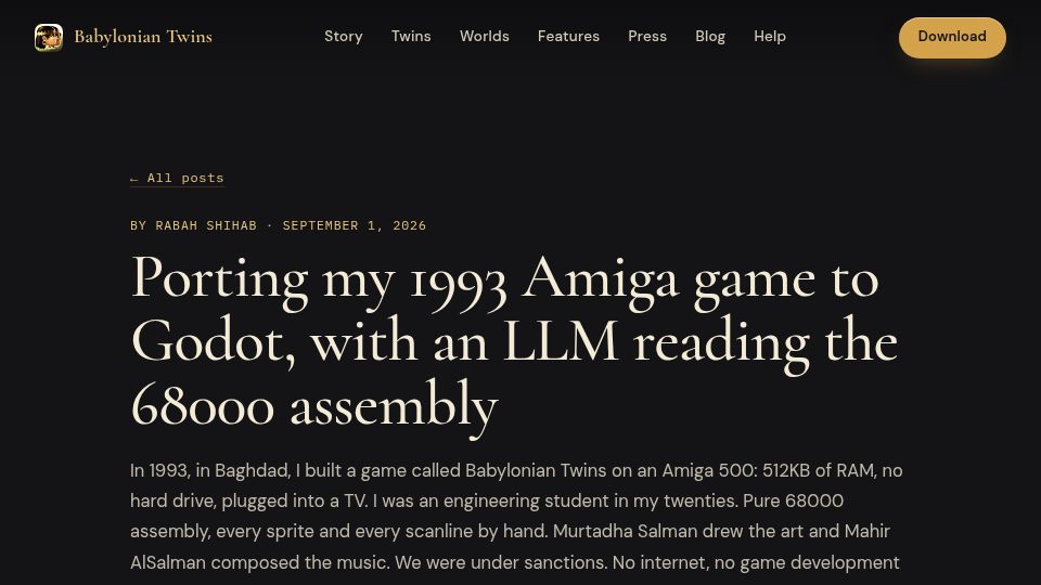 Screenshot of babyloniantwins.com: Porting my 1993 Amiga game to Godot, with an LLM reading the 68000 assembly