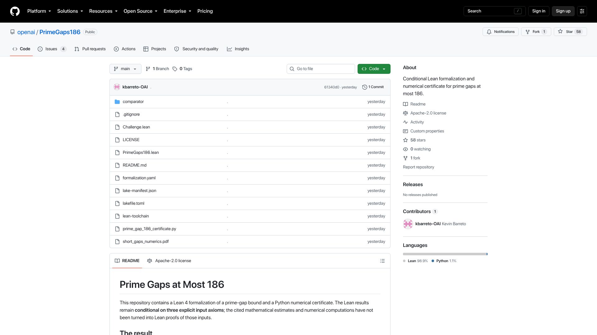 Screenshot of github.com: Prime Gaps at Most 186