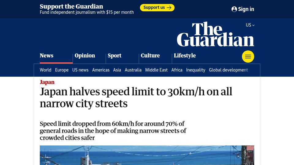 Screenshot of theguardian.com: Japan halves speed limit to 30km/h on all narrow city streets