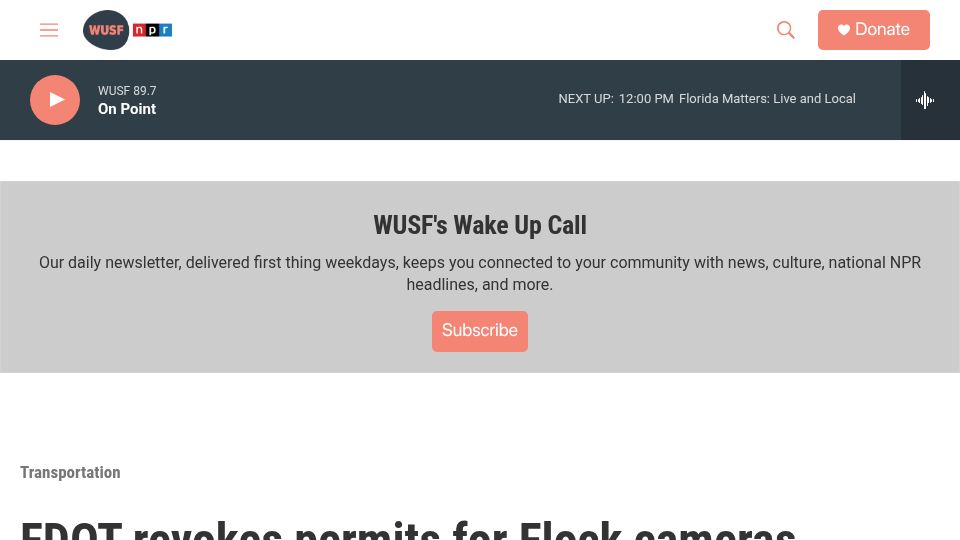Screenshot of wusf.org: Florida revokes permits for license plate readers on state highways