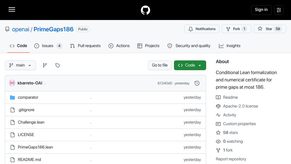 Screenshot of github.com: Prime Gaps at Most 186