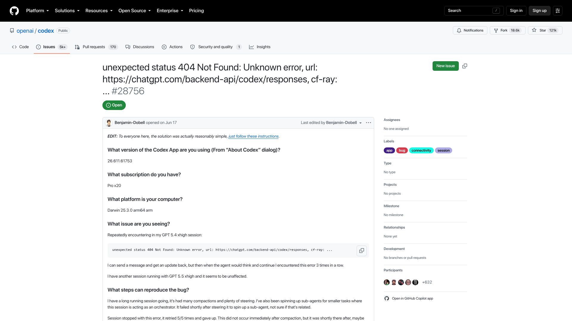 Screenshot of github.com: Codex Is Down