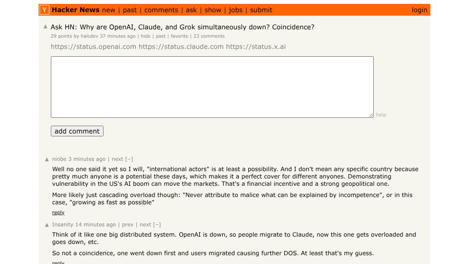 Screenshot of Hacker News post: Ask HN: Why were OpenAI, Claude, and Grok simultaneously down?