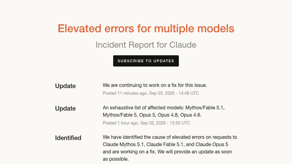 Screenshot of status.claude.com: Elevated Errors for Multiple Models