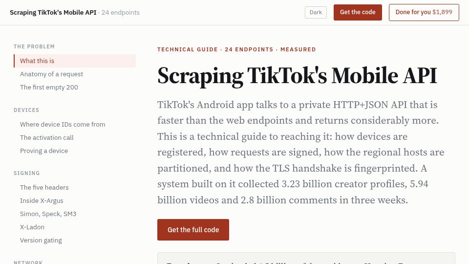 Screenshot of tiktok-api.seeksocial.io: 4.5B Posts Scraped from TikTok