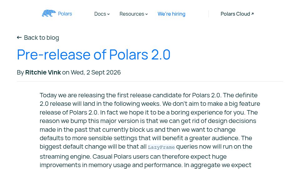 Screenshot of pola.rs: Pre-Release of Polars 2.0