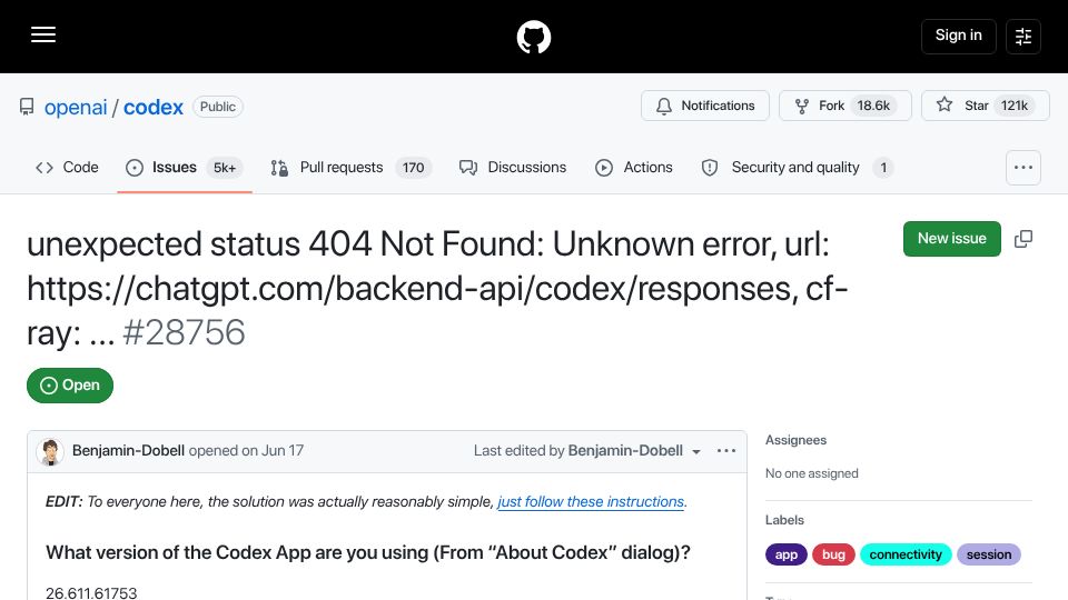 Screenshot of github.com: Codex Is Down