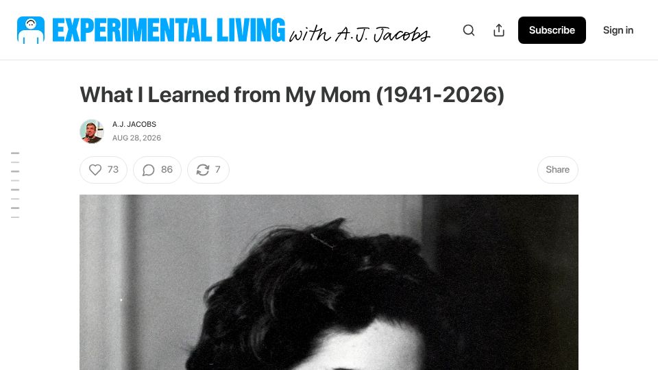 Screenshot of experimentalliving.substack.com: What I learned from my mom (1941-2026)