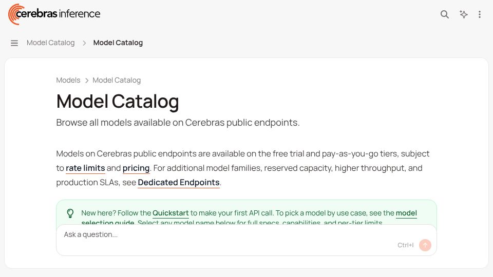 Screenshot of inference-docs.cerebras.ai: Qwen 3.8 27B available on Cerebras at 1500 tokens/s