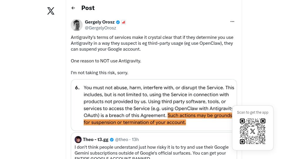 Screenshot of twitter.com: Google Antigravity TOS: 3rd party usage can get Google account suspended