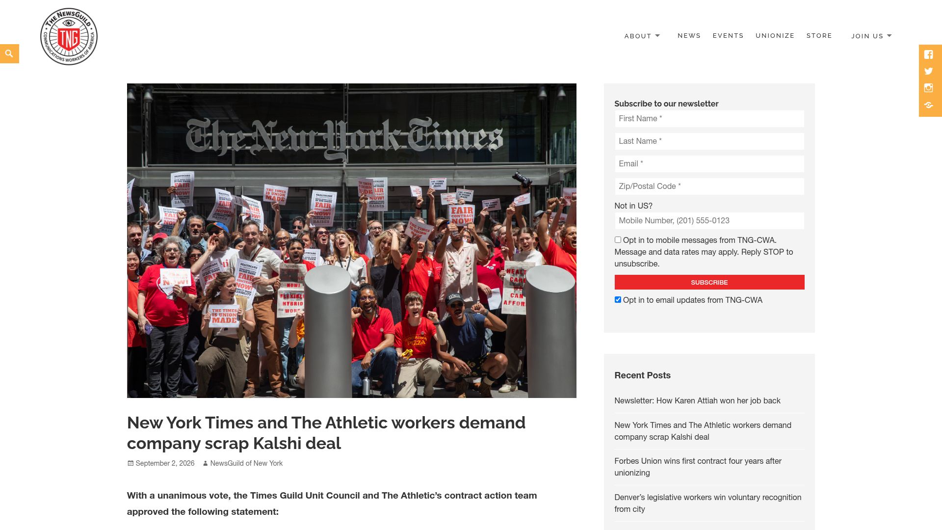 Screenshot of newsguild.org: New York Times and The Athletic workers demand company scrap Kalshi deal