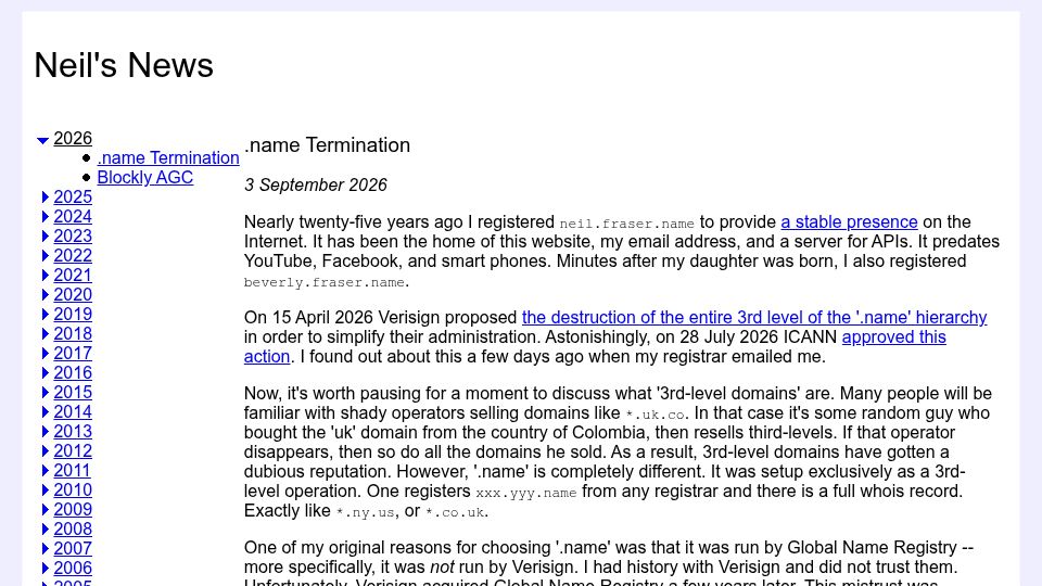 Screenshot of neil.fraser.name: .name Termination
