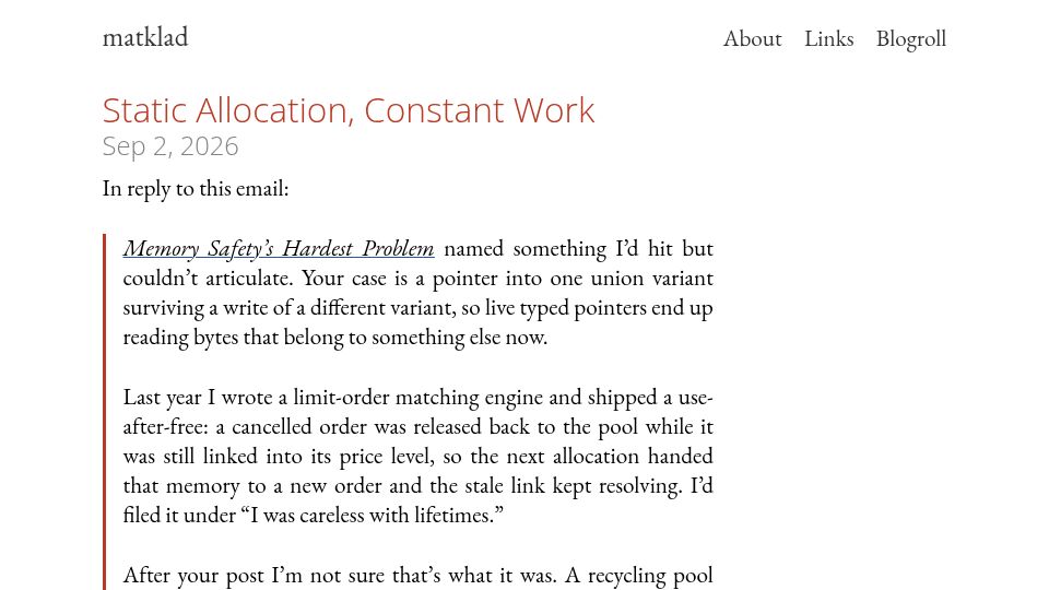 Screenshot of matklad.github.io: Static Allocation, Constant Work