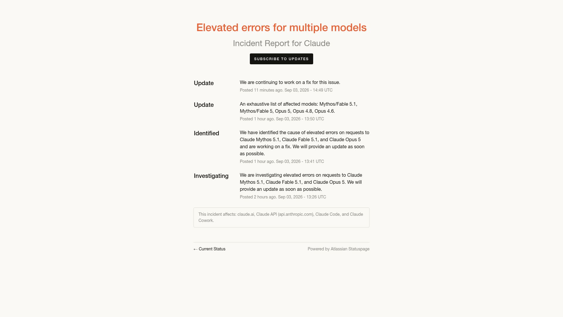 Screenshot of status.claude.com: Elevated Errors for Multiple Models