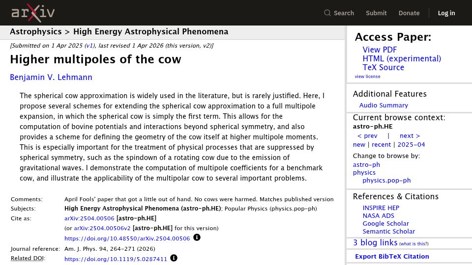 Screenshot of arxiv.org: Higher Multipoles of the Cow