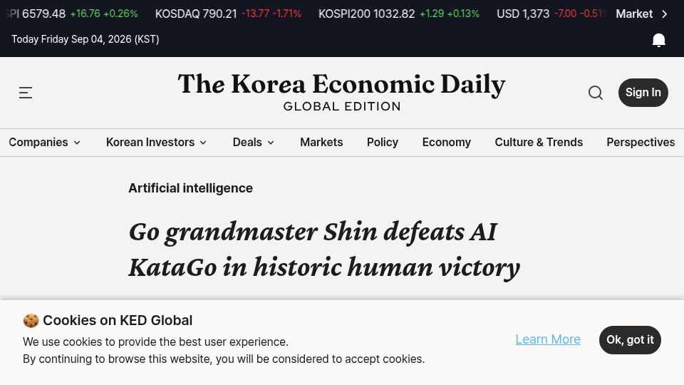 Screenshot of kedglobal.com: Go grandmaster Shin defeats AI KataGo with a two-stone handicap