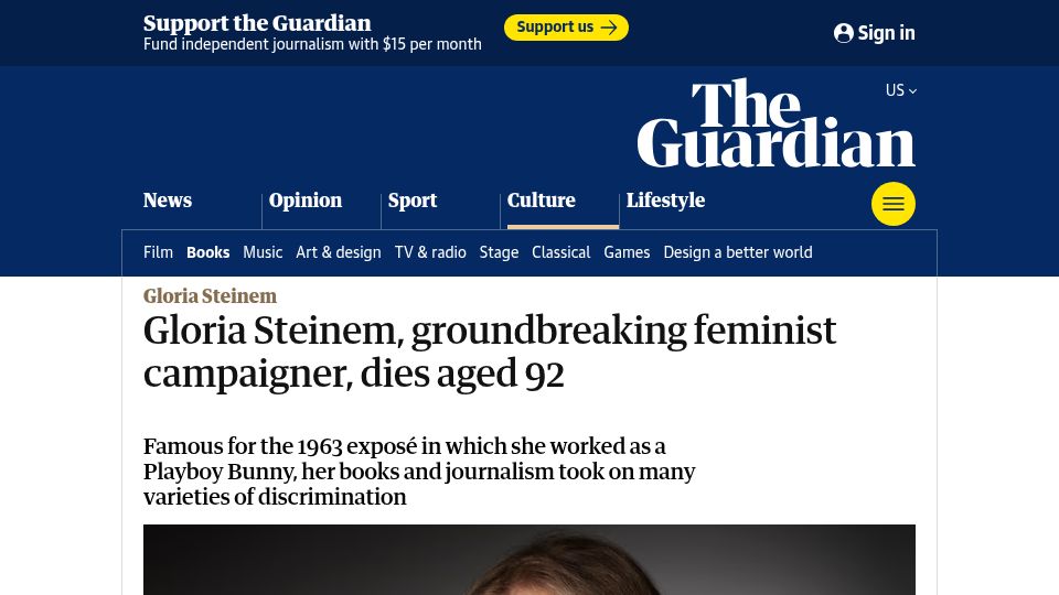 Screenshot of theguardian.com: Gloria Steinem has died