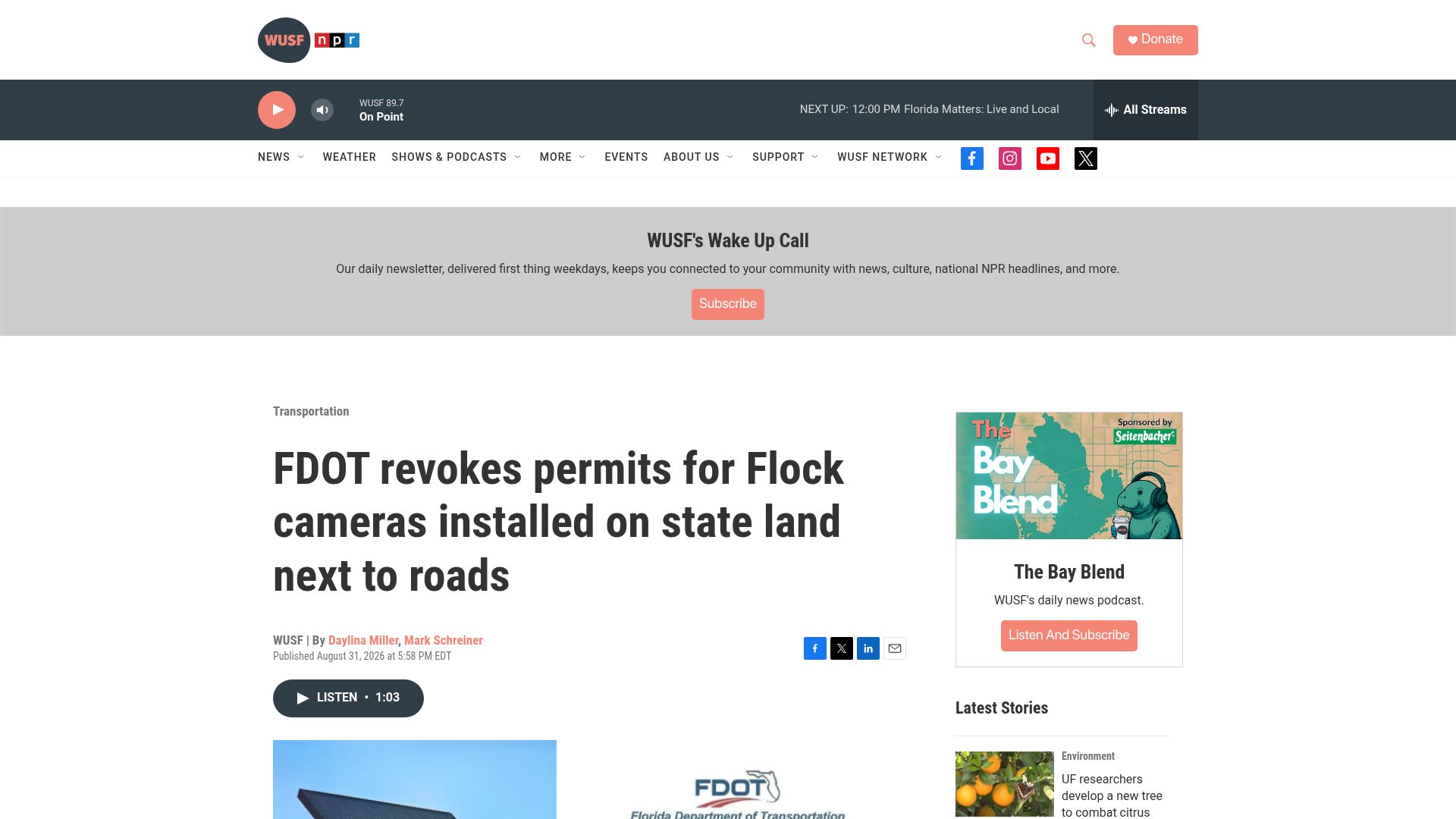 Screenshot of wusf.org: Florida revokes permits for license plate readers on state highways