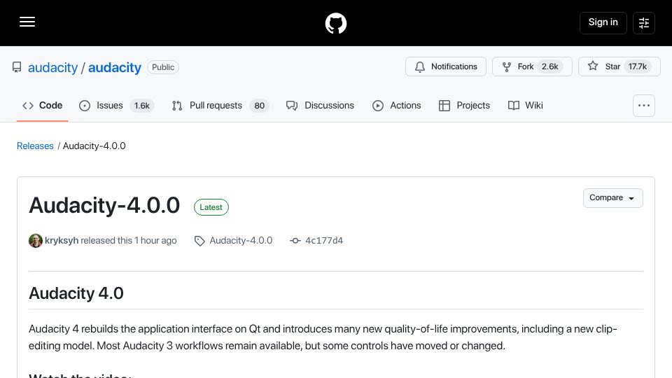 Screenshot of github.com: Audacity 4.0