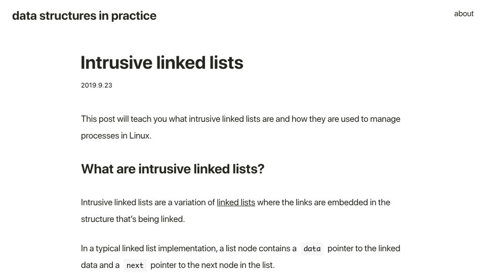 Screenshot of data-structures-in-practice.com: Intrusive linked lists (2019)
