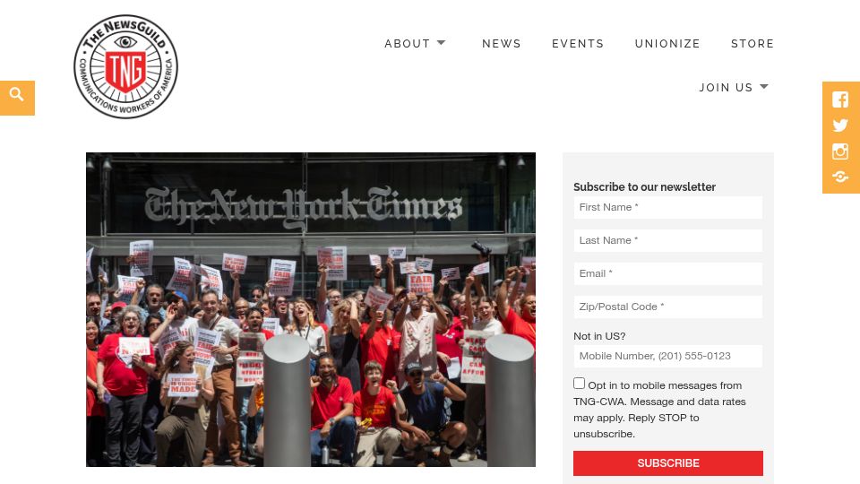 Screenshot of newsguild.org: New York Times and The Athletic workers demand company scrap Kalshi deal