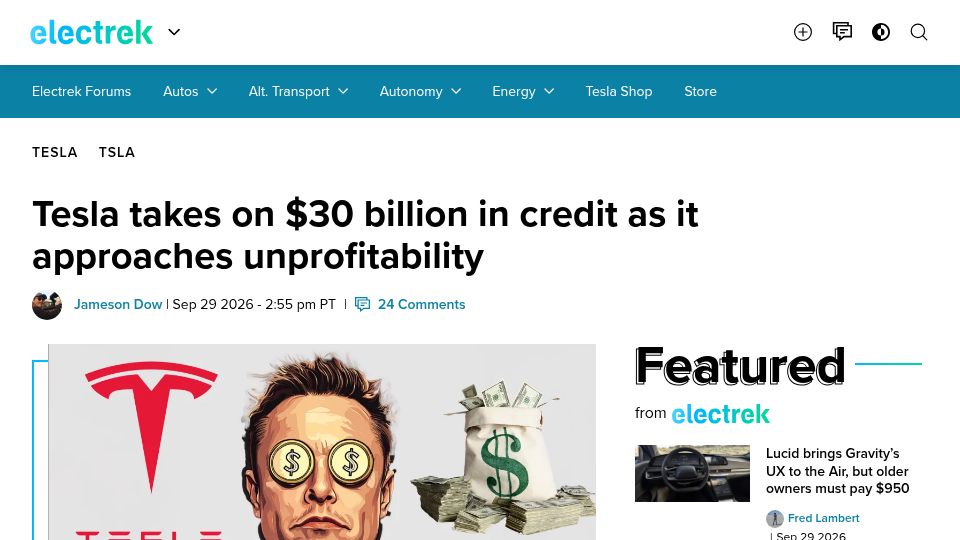 Screenshot of electrek.co: Tesla takes on $30B in credit as it approaches unprofitability