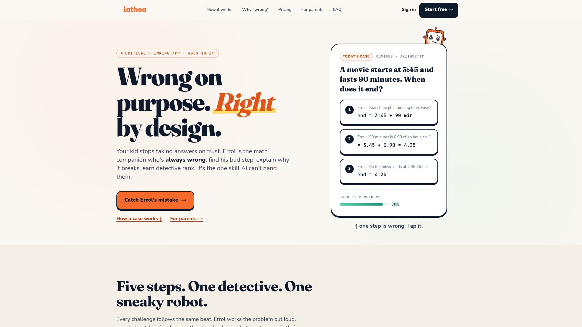 Screenshot of lathoa.ai: Show HN: Lathoa, a math app for kids where the AI is wrong on purpose