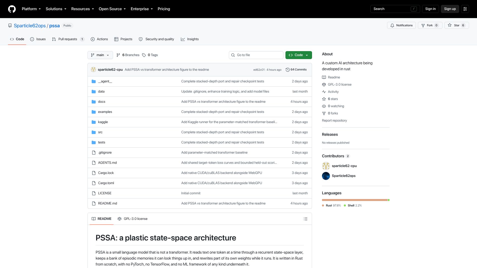 Screenshot of github.com: PSSA: A non-transformer language model written from scratch in Rust